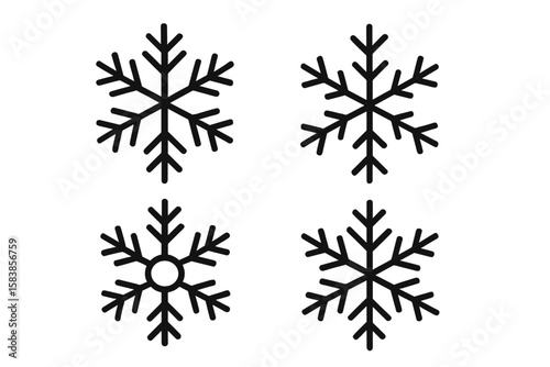 Minimalist Black Snowflake Icon Set, Four Unique Winter Snowflake Symbols, Vector Art for Seasonal Design, Isolated on Transparent Background, Christmas and Holiday Decoration Elements