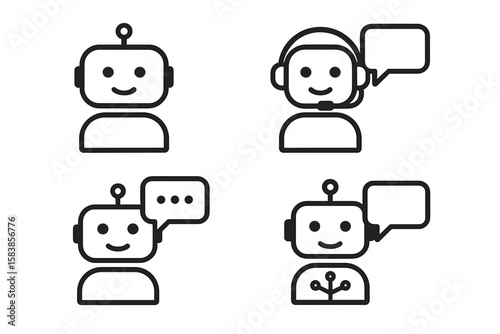 Chatbot Icon Set in Flat Line Style – Customer Support, Online Consultation, Virtual Assistant, AI Chat Messenger, Tech Service Bot, Communication Symbol, Help Desk, Digital Support Concept