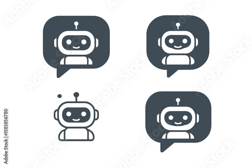 Modern Chatbot Icon Set in Flat Style – 4 Variations of AI Virtual Assistant, Customer Support Bot, Online Messenger, Tech Support Symbol, Digital Help Desk, Communication Service Concept