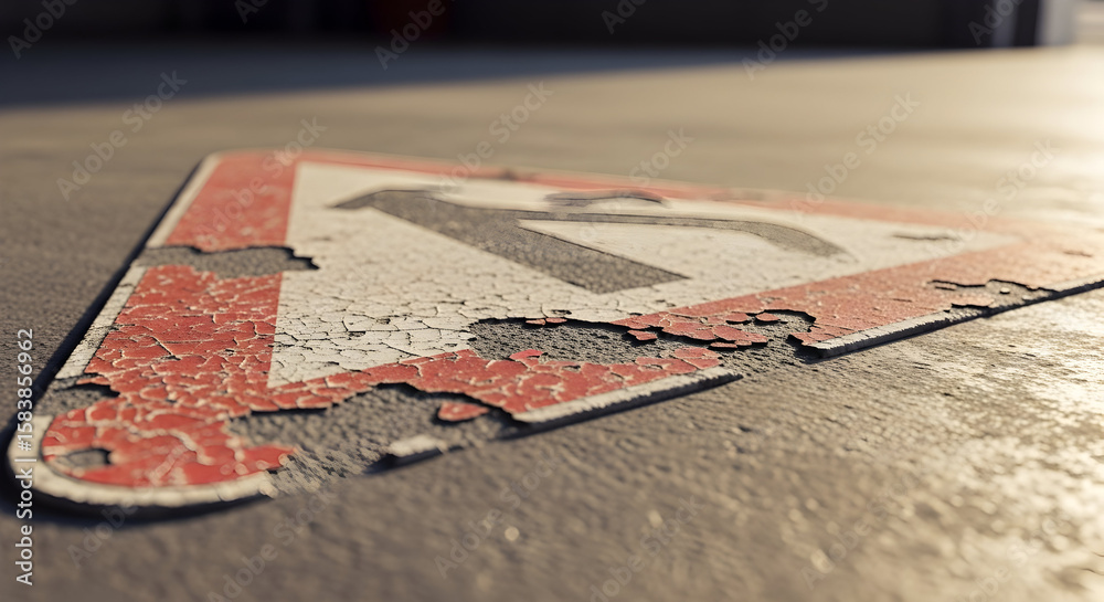 Naklejka premium Worn left turn sign with peeling paint on a concrete surface urban decay scene