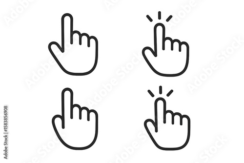 Hand Pointer Cursor Icon Set. Vector Collection of 4 Mouse Click Symbols. Flat Line Style Clicking Finger, Touch Gesture, Tap Hand, Computer Cursor, UI Navigation, Web Interface, Click Action.