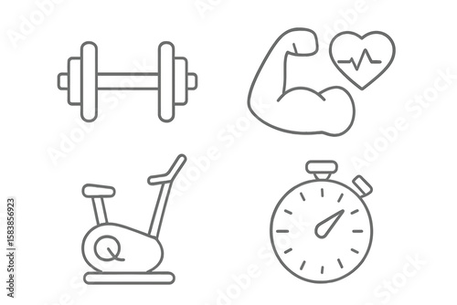 Fitness and Gym Thin Line Icons Set—Dumbbell, Muscle Arm, Heartbeat, Exercise Bike, Stopwatch—Outline Symbols for Health, Workout, Training, Cardio, Endurance, Wellness, Vector Illustration