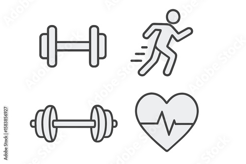 Thin Line Fitness and Health Icons Set – Dumbbell, Running, Heartbeat, Gym Equipment Symbols, Outline Vector Collection for Exercise, Workout, Healthy Lifestyle, Transparent Background