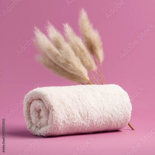 Rolled towel with dried grass on pink background