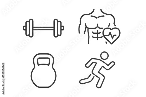 Fitness and Gym Thin Line Icon Set – Dumbbell, Kettlebell, Running, Muscular Body, Heartbeat, Health, Sport, Exercise Equipment, Outline Vector Illustration, Transparent Background