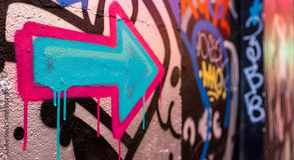 Obraz premium Vibrant graffiti art featuring a bold arrow, painted on a textured wall surface with bright colors