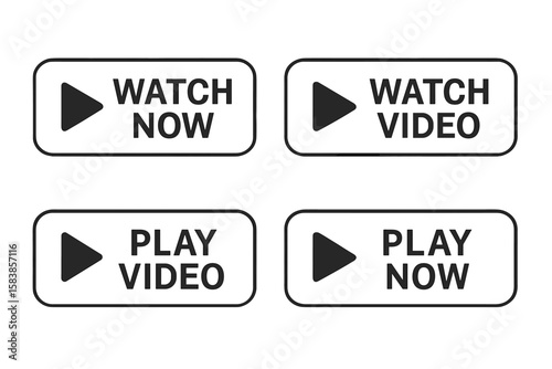 Set of 4 Modern Flat Style Watch Now and Play Video Buttons, Web Media Icons, Online Streaming, Video Playback Vector Buttons for Digital Interfaces
