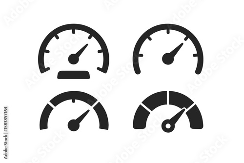 Speedometer Icons Set. Black Dashboard Gauges with Arrows. Speed Indicators, Internet Speed, Tachometer, Scale, Credit Score, Performance Meter, Gauge, Rating, Measurement Concept Vector