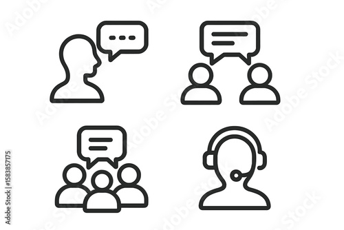 Communication and Conversation Line Icons Set. Four Web Icons Illustrating People Talking, Discussion, Speech Bubbles, Teamwork, Customer Support, Group Chat, and Social Interaction Concepts