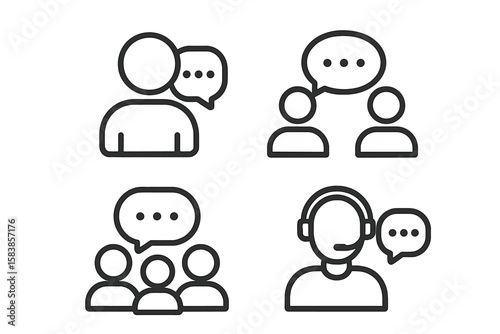Communication and Conversation Line Icons Set—People, Speech Bubbles, Teamwork, Discussion, Customer Support, Web and Mobile App Vector Illustration