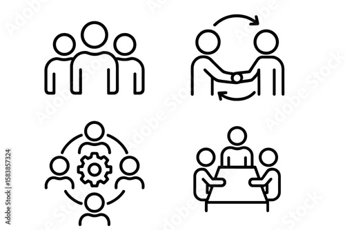 Teamwork and Business Cooperation Icons Set of 4 in Line Style for Web and Mobile Apps, Partnership, Synergy, Interaction, Management, Collaboration Concepts