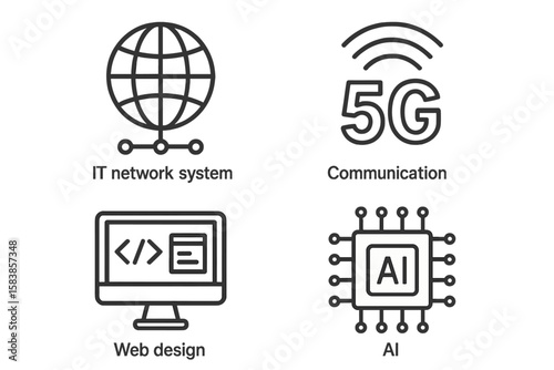 Modern Technology Line Icons Set: IT Network System, 5G Communication, Web Design, Artificial Intelligence Chip, Digital Innovation, Mobile and Web Application Concepts