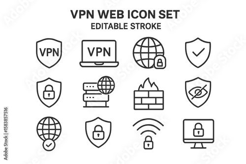 VPN Security Web Icon Set in Modern Line Style. Collection of Editable Stroke Linear Icons for Internet Privacy, Proxy, Firewall, Cybersecurity, Data Encryption, Online Protection, Secure Connection