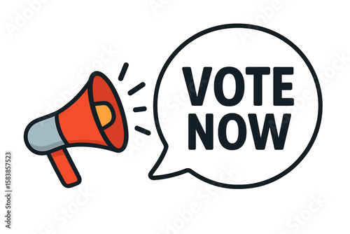 Megaphone Announcing Vote Now Message. Loudspeaker with Speech Bubble. Election Promotion Banner for Business, Marketing, Advertising, Social Media Campaigns. Vector Illustration, Call to Action