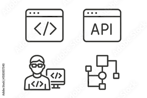 Modern Web Development Line Icons Set – Coding, API Integration, Programmer, Application Flow, Node Connection, Bug Fix, Web Coder – Minimal Vector Illustration for Digital Projects