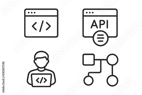 Web Development Line Icons Set – Coding, API, Programmer, Application Flow, Node Connection, Web Coder, Bug Fix – Modern Vector for Apps and Websites