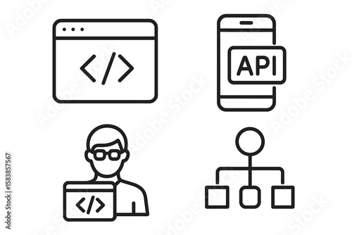Web Development Line Icons Set – Programmer, Coding, API, Application Flow, Node Connection, Bug Fix, Web Coder, Developer Tools, Modern Minimal Style for Web and Mobile Apps