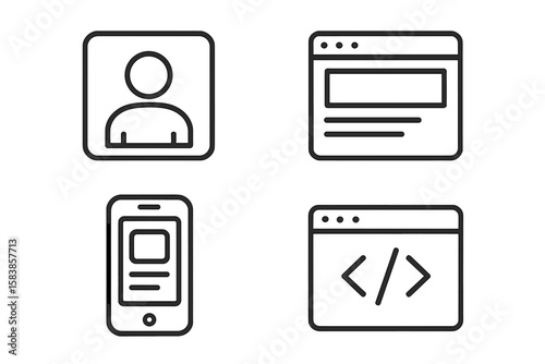 Minimalist Line Icons Set for UI UX Design – User Profile, Web Page, Mobile App, Code Window – Modern Website Interface Elements for Web and App Development