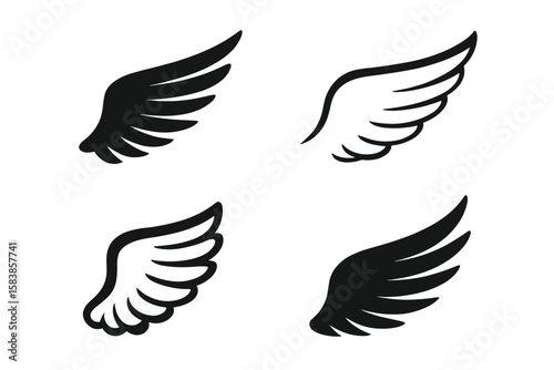 Black Wings Icon Set – Bird and Angel Wing Silhouettes Collection, Elegant Feathered Wing Elements, Decorative Vector Symbols, Isolated on Transparent Background, Four Unique Designs