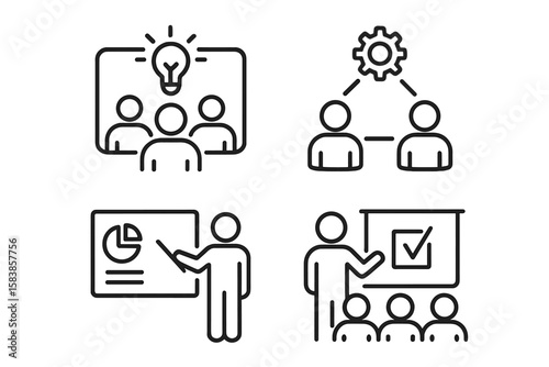 Business Workshop Teamwork Icons Set. Line Style Vector Illustrations of Team Building, Coaching, Collaboration, Training, Meeting, Management, Presentation, Leadership, Strategy, Office Communication