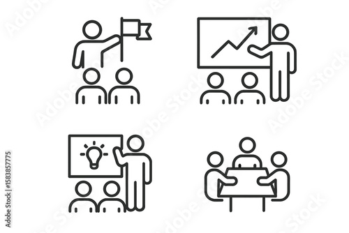 Business Workshop Line Icons Set. Team Building, Leadership, Coaching, Brainstorming, Growth Presentation, Collaboration, Meeting, Management, Training, Corporate Strategy, Outline Vector Illustration