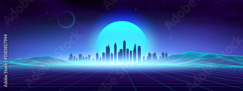 Metaverse city background with future building abstract neon tech light vector style. Smart cityscape by night with blue sky and motion speed for blockchain and iot communication.