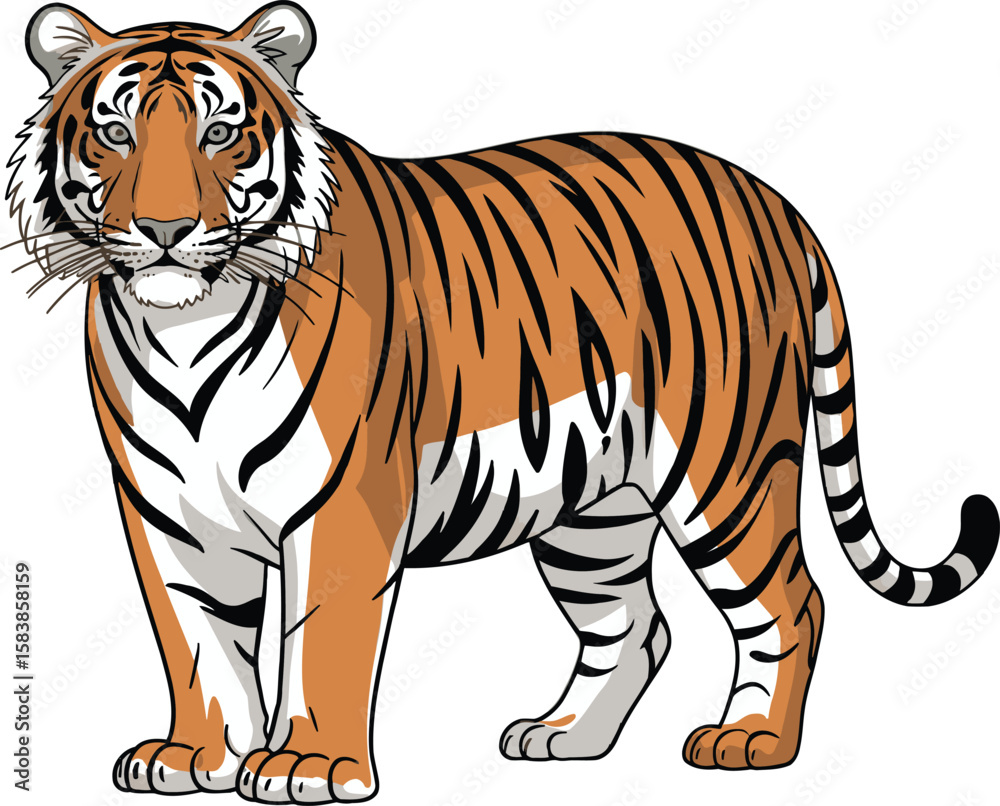 Obraz premium Stylized Bengal Tiger Standing – Digital Wild Cat Illustration on White