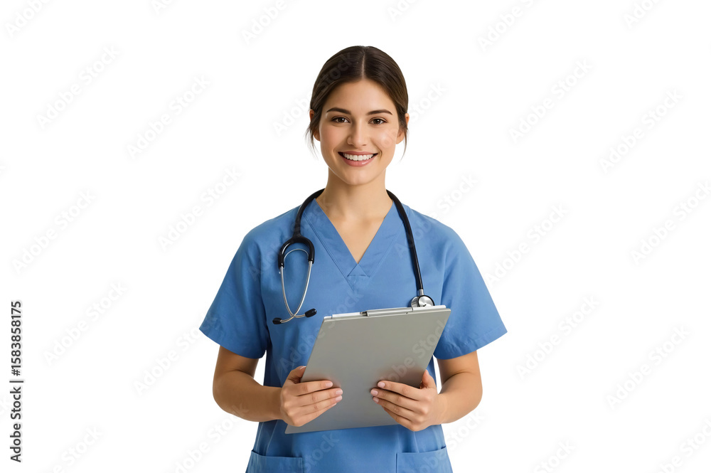 Smiling nurse holding clipboard, studio shot, healthcare Smiling nurse holding clipboard, studio shot, healthcare