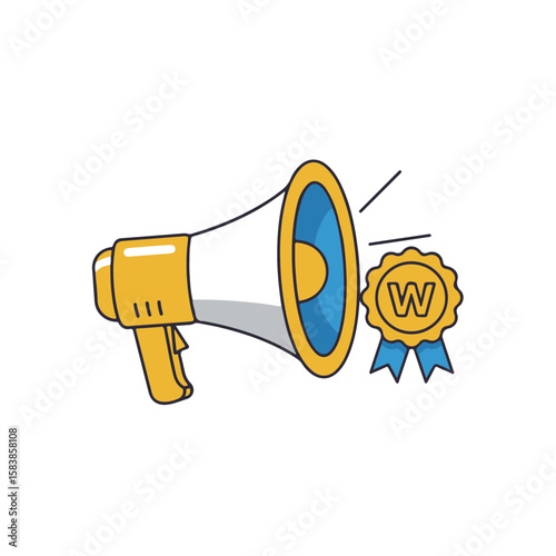 Megaphone announcing winner with golden badge and blue ribbon  