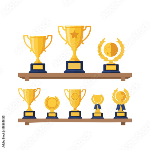 Collection of golden trophies displayed on wooden shelf - Concept of winner  