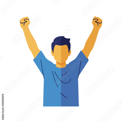 Young man celebrating victory with raised arms and joyful expression  