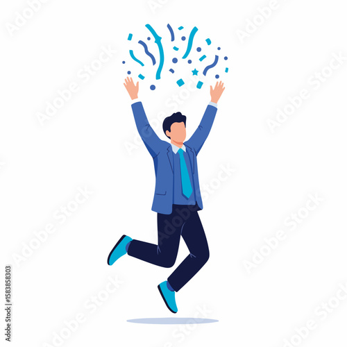 Happy man celebrating with confetti and jumping in excitement  