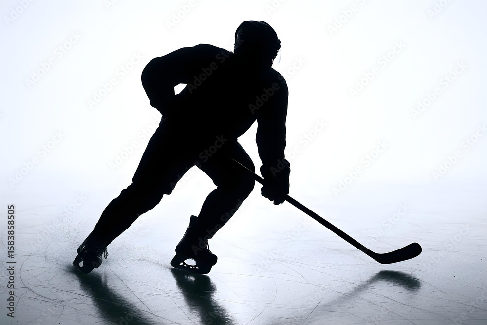 Obraz premium Silhouette of a dynamic ice hockey player mid-stride on reflective ice, backlit with glowing halo on white background. 