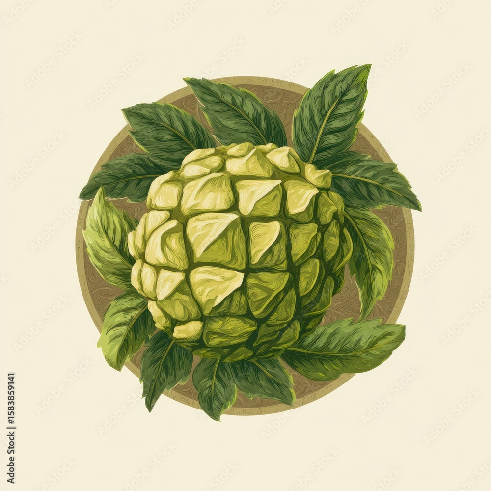 Obraz premium A stylized illustration of a fruit or vegetable, encircled by leaves