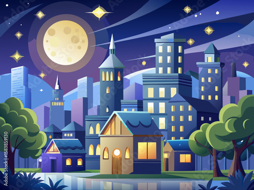 vector of The view of a moonlit night where the stars twinkle, the moon stands out beautifully and their light beautifies the city view.
