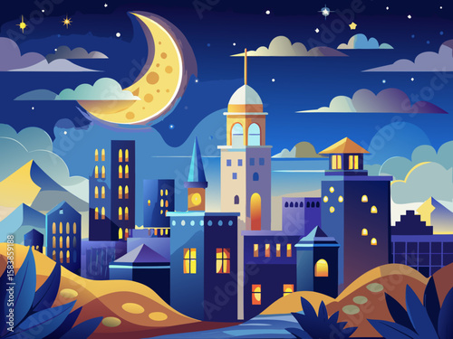vector of The view of a moonlit night where the stars twinkle, the moon stands out beautifully and their light beautifies the city view.