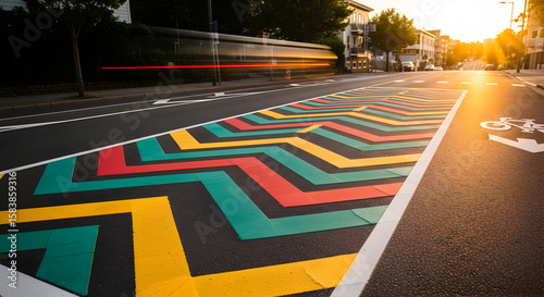 Vibrant street art transforms city roads with colorful geometric patterns at sunset