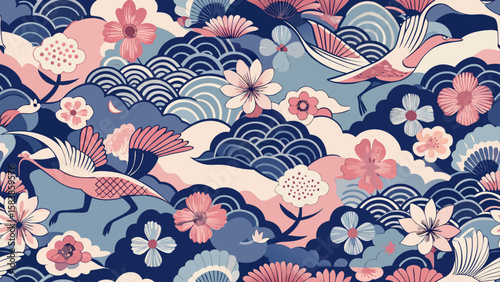 Elegant Japanese Floral Pattern with Birds, Clouds, and Sakura Flowers for Textile and Wallpaper Designs