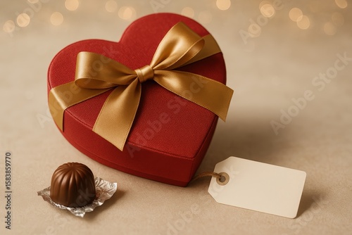mockup of a heart-shaped red chocolate box with gold ribbon detailing