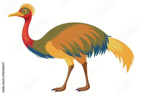 Colorful Cartoon Cassowary Illustration Standing on a White Background with Interesting Feathers and Unique Neck