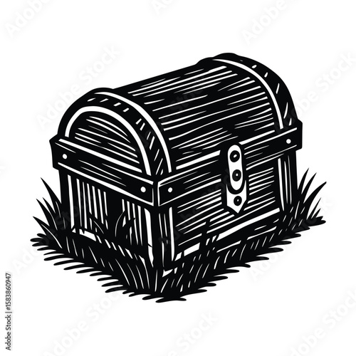 Vintage treasure chest in grassy field silhouette