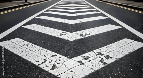 Worn zebra crossing with white directional arrows painted on asphalt surface highlighting road condition