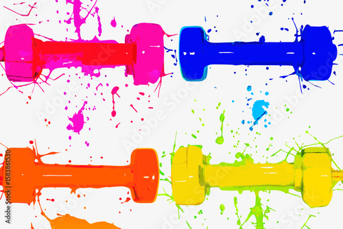 Dumbbell exercise background with colorful paint splashes on white for fitness motivation. Dumbbell exercise demonstrates the power of physical training with vibrant colors.