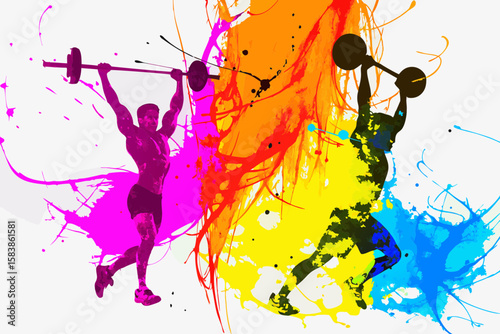 Weightlifting power displayed with vibrant paint splatter and dynamic poses. Weightlifting involves strength, determination and athleticism, illustrated through energetic colors and strong figures.