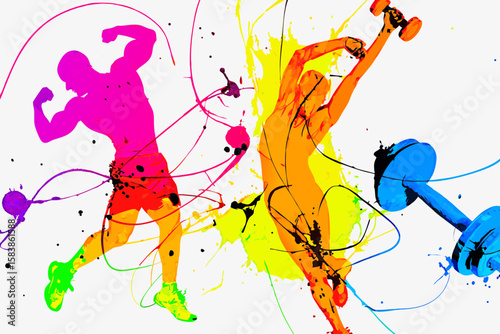 Colorful fitness art shows abstract human forms in exercise poses with bright splashes of paint. Fitness art captures dynamic energy of physical activity and motion, presenting vivid imagery.