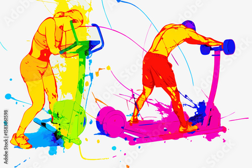 Fitness equipment scene shows woman on elliptical machine and man on ski exercise machine, showcasing fitness equipment. Both colorful figures demonstrate intense fitness equipment use.