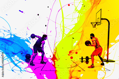 Dynamic basketball game illustration showing two sportsmen in motion, creating a vibrant basketball game scene filled with energy. This basketball game design captures competitive spirit, action,