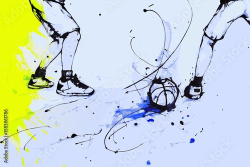 Basketball illustration showing intense players during competitive play. This artistic basketball illustration showcases dynamic movement and skillful dribbling,