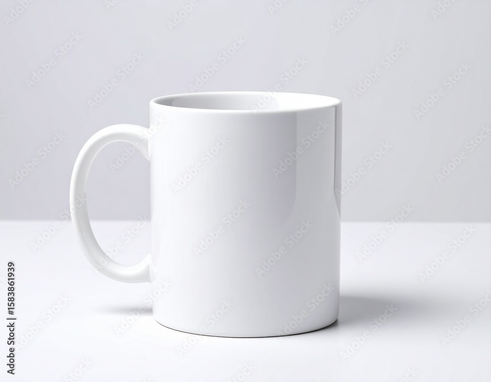 Fototapeta premium Clean white ceramic mug isolated on a minimalist light background, perfect for customization.