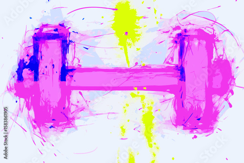 Pink dumbbell equipment against splatter background in abstract presentation. Pink dumbbell with vibrant, colorful splashes creates a unique image for health, fitness, and workout themes.